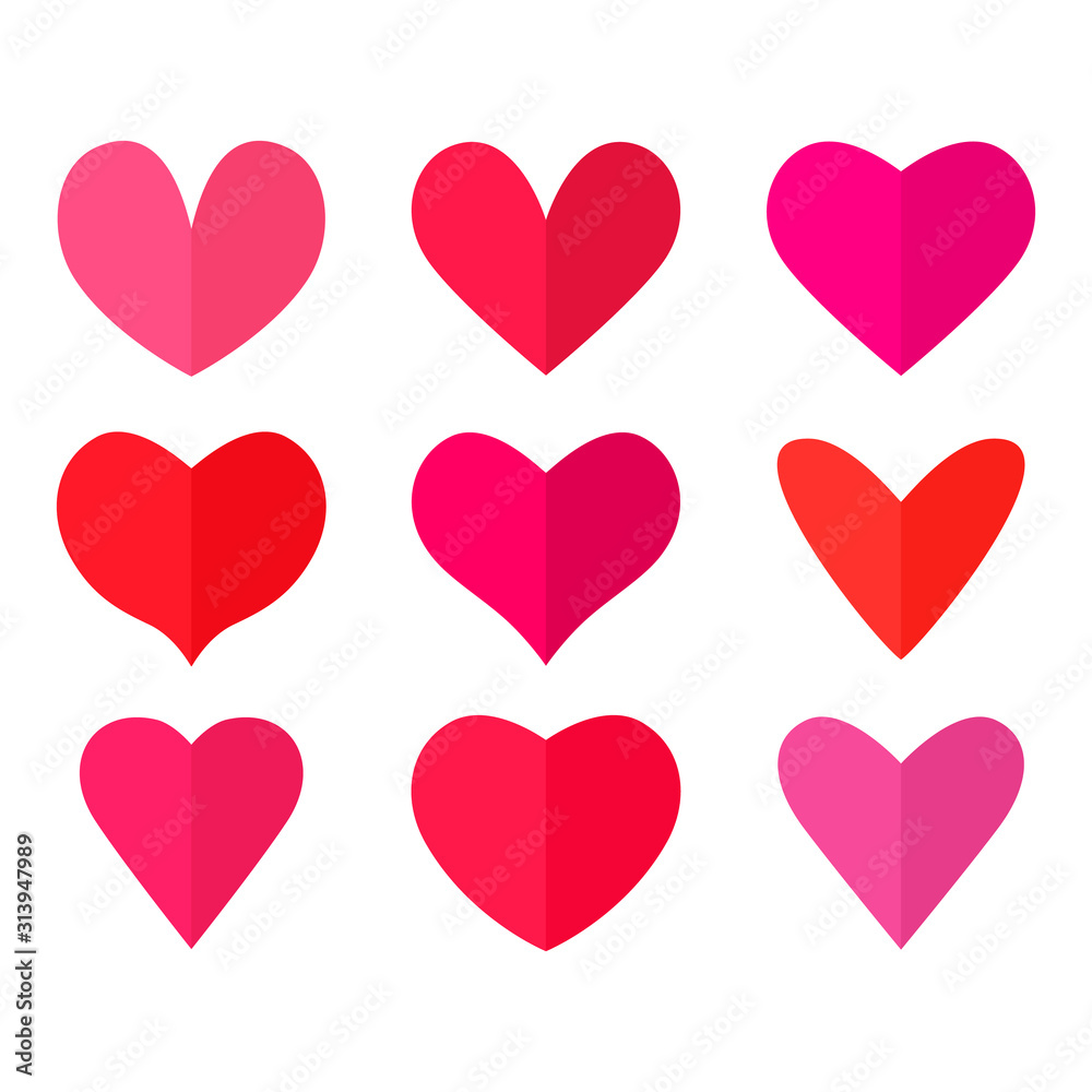 Big set of bright red and pink half heart icons in flat style. valentine's day concept. Big set of bright red and pink half heart icons in flat style. valentine's day concept.