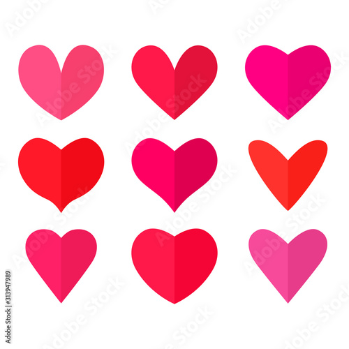 Big set of bright red and pink half heart icons in flat style. valentine's day concept.