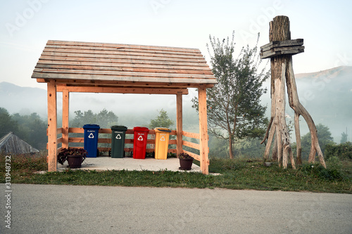 Segregation trash cans in a mountain village