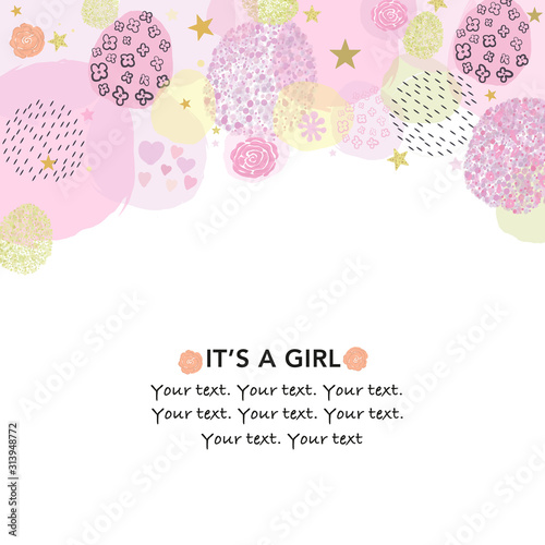 It's a girl. Baby shower greeting card with square, stars, hearts and roses greeting card. Baby first birthday, t-shirt, baby shower, baby gender reveal party design element vector