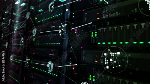 Futuristic datacenter with artificial intelligence, cybernetic brain, neural network computer, machine learning symbols. Modern servers room digital seamless loopable 3d rendering concept animation.