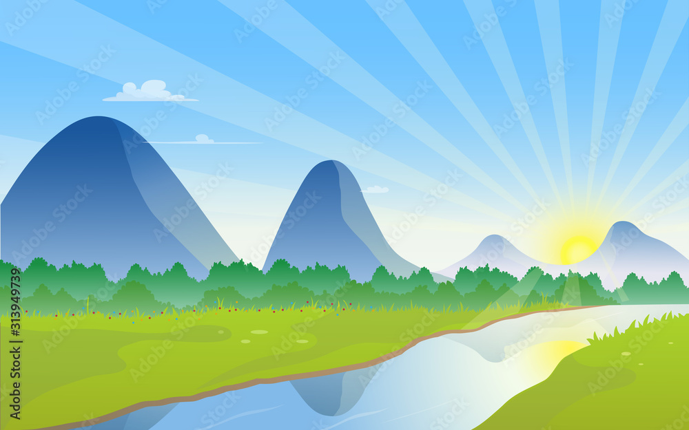 adventure, background, blue, calm, cloud, country, countryside, dawn, daylight, environment, explore, field, forest, garden, grass, green, hill, hills, horizon, illustration, lake, landscape, lawn, me