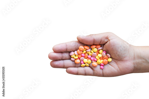 Many medicines are in the hands of patients on a isolated white background.