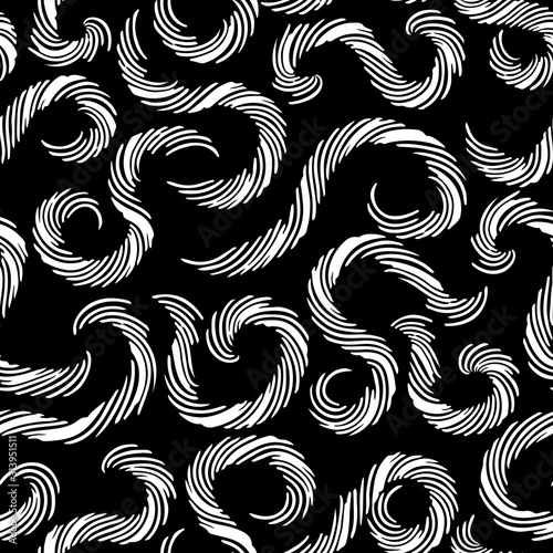 vector white spiral grunge painting brush seamless pattern on black