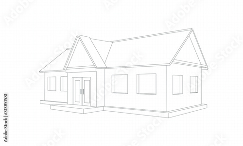 House drawing with porch and windows, 3D perspective on a white background.