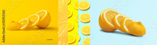 Creative layout made of  slices lemon on bright background  panoramic image