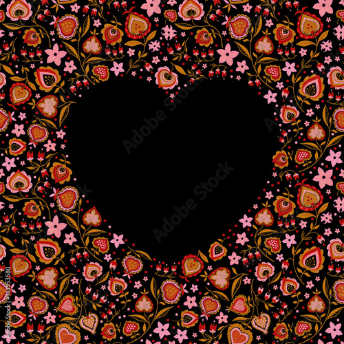 Wedding and Valentine's heart frame made of folk flowers, dots, abstract hearts with golden hue. Romantic motivation invitation card on black background. Stylish design element.