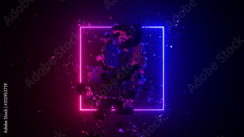 3d render, abstract modern geometric background, pink blue neon light, glowing square frame, broken concrete pieces levitating, rocks flying, wall debris. Minimal futuristic concept photo