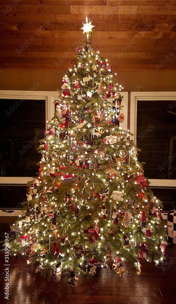 Large, Stunning Rustic Christmas Tree Lit Up with White Lights