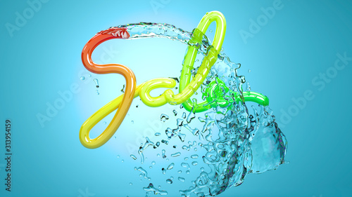 Sale lettering word made by colorful rainblow baloon or plastic stripe with fresh water splash. 3d illustration