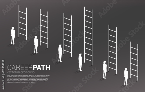 Business concept of competition and challenge. Silhouette of businessman group with various high ladder.