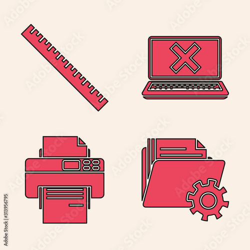Set Folder settings with gears, Ruler, Laptop and cross mark on screen and Printer icon. Vector