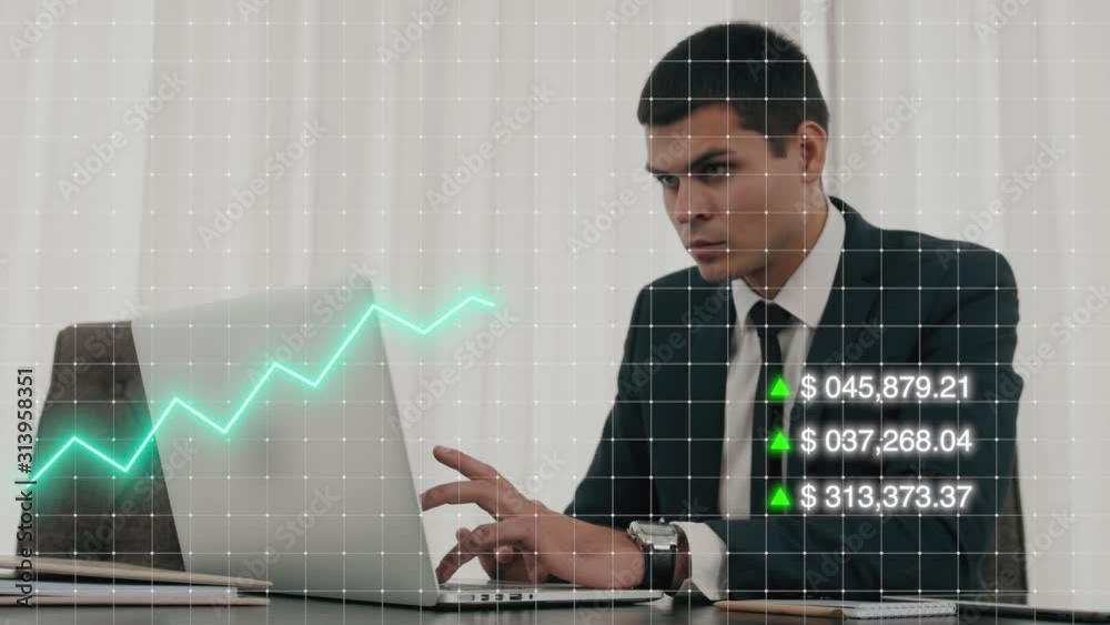 businessman working on laptop computer with financial business graph information diagram on wooden desk, 3d animation motion design graphic of grow sales and income businessman working on laptop computer with financial business graph information diagram on wooden desk, 3d animation motion design graphic of grow sales and income