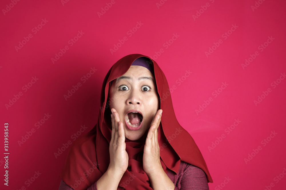 Cute Muslim Lady Shows Shocked Surprised Face with Open Mouth Cute Muslim Lady Shows Shocked Surprised Face with Open Mouth