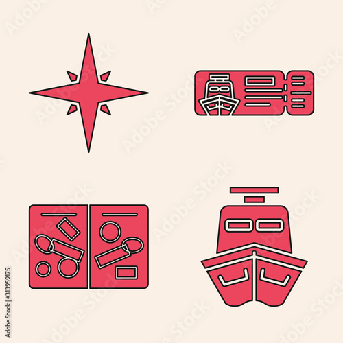Set Ship, Wind rose, Cruise ticket for traveling by ship and Passport pages with visa stamps icon. Vector