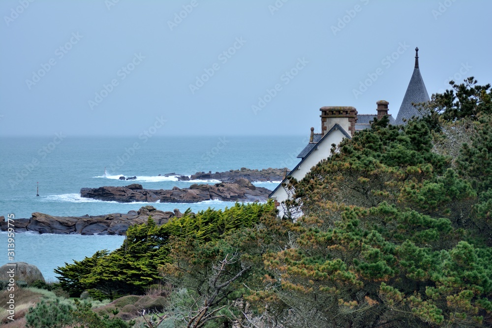 Beautiful seascape of the pink granite coast in Brittany. France