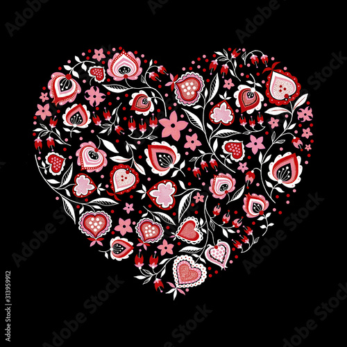 Heart shape made of folk flowers, dots, abstract hearts. Valentine's day. Happy Valentine's day greeting card template in heart shape isolated on black background.