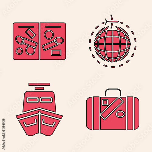 Set Suitcase for travel and stickers, Passport pages with visa stamps, Globe with flying plane and Ship icon. Vector