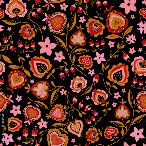 Folk pattern, seamless textile design with hand drawn folk flowers, dots and abstract hearts with golden hue. Traditional native art decorative ornament on black background.