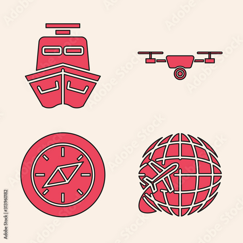 Set Globe with flying plane, Ship, Drone flying with action video camera and Compass icon. Vector