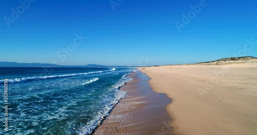 Aerial slow motion of the Comporta Beach in the Troia Peninsula, Portugal
