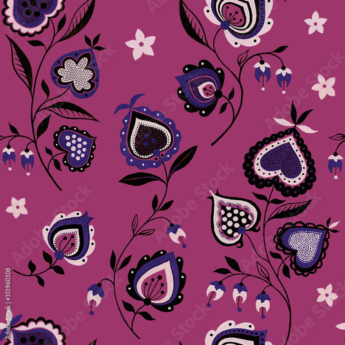 Folk flowers seamless pattern. Flowers and abstract hearts painted for fabric texture. Folk wild nature background. Traditional native art decorative ornament on purple background.