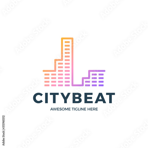 City Audio Sound Wave logo template stock vector design. Line abstract music technology logotype. Digital element emblem, graphic signal waveform, curve, volume and equalizer. Vector illustration.
