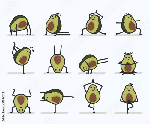 vector cartoon avocado characters doing yoga