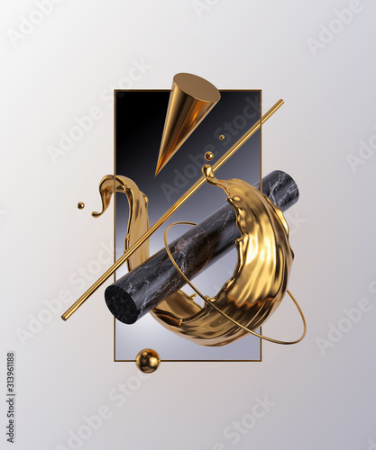 Fototapeta Naklejka Na Ścianę i Meble -  3d render. Golden splash, splashing wave, liquid gold, flying primitive shapes isolated on white background. Abstract geometrical design. Modern minimal style. Marble cone, ball, tube.