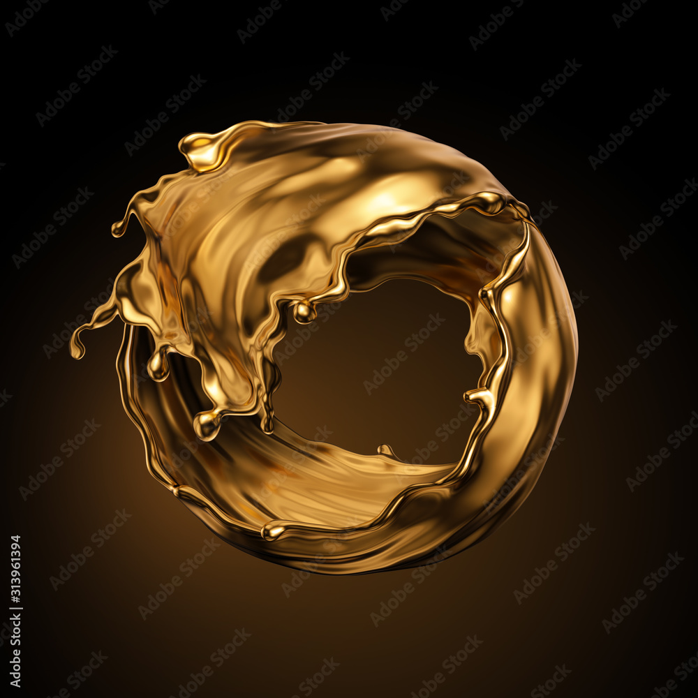 Fototapeta Okrągły złoty rozchlapany płyn, wirujący, metaliczny na czarnym tle. Fototapeta 3D