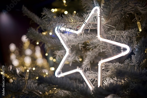 Festive Christmas decorations and bright bokeh