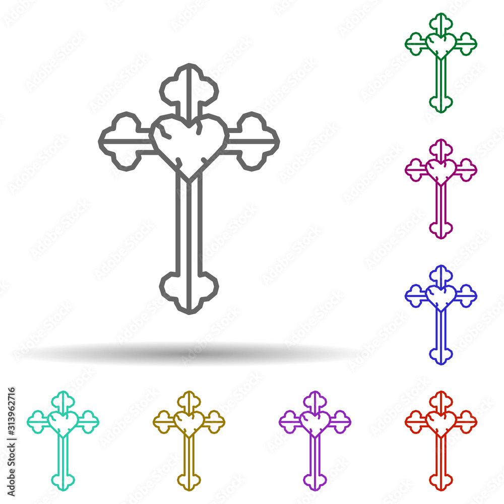 Cross, heart multi color style icon. Simple thin line, outline vector of dia de muertos icons for ui and ux, website or mobile application Cross, heart multi color style icon. Simple thin line, outline vector of dia de muertos icons for ui and ux, website or mobile application