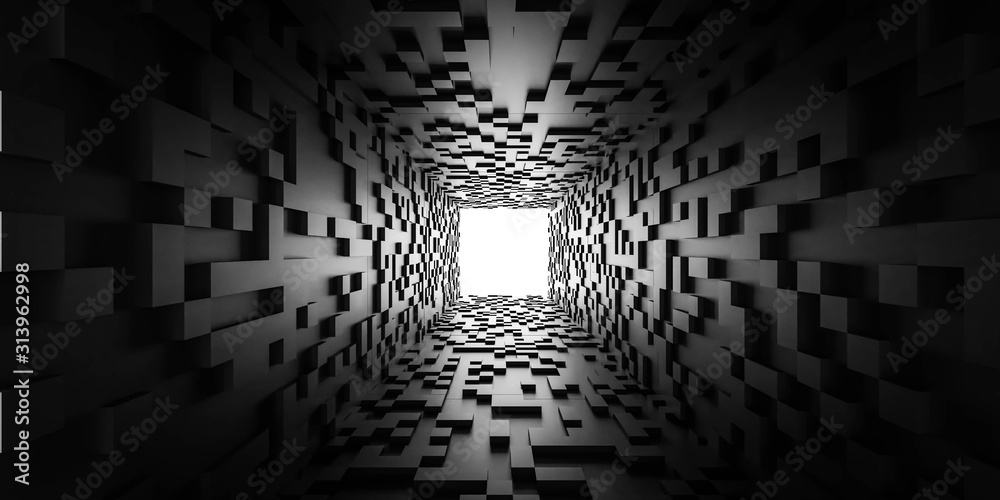 Obraz premium abstrakcyjne światło na końcu tunelu futurystyczna koncepcja tunelu ciemne kostki 3d renderowania ilustracji