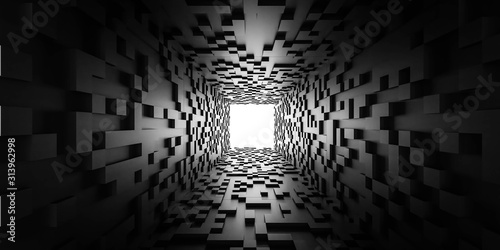 Fototapeta Naklejka Na Ścianę i Meble -  abstract light at the end of the tunnel futuristic concept dark cubes tunnel 3d render illustration