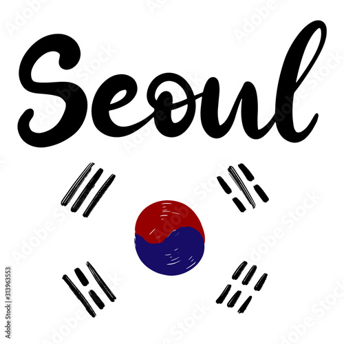 Seoul. South Korea. Brushstrokes in colours of national flag. Vector illustration of hand drawn lettering for logotype, icon, poster, Independence Day greeting card, print, banner.
