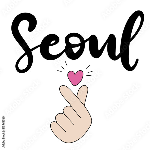 Seoul. Finger heart symbol. Vector illustration of hand drawn lettering for logotype, icon, poster, Independence Day greeting card, print, website banner, badge.