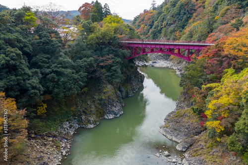 Eigenji River and Red Iron Bridge, Shiga, Japan. Autumn Colors