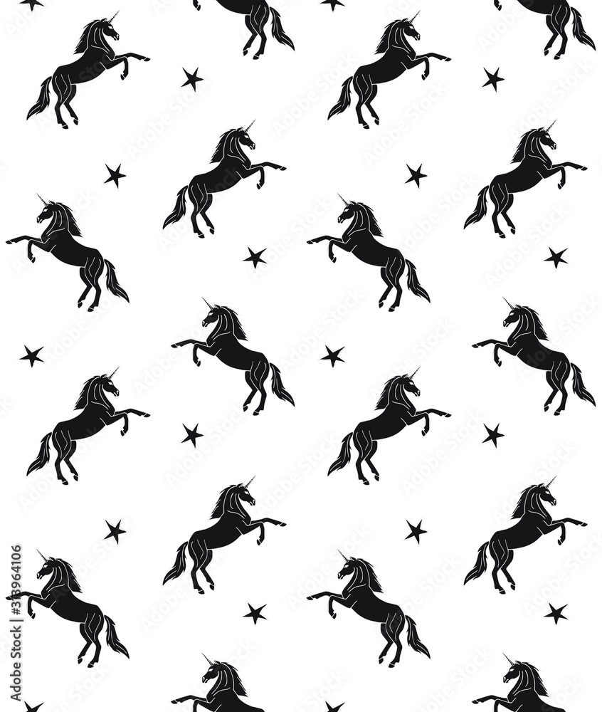 Obraz premium Vector seamless pattern of hand drawn doodle sketch black unicorn isolated on white background