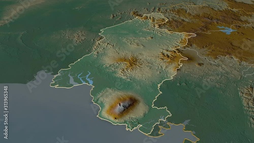 Sud-Ouest, region with its capital, zoomed and extruded on the relief map of Cameroon in the conformal Stereographic projection. Animation 3D photo