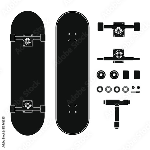 Vector flat black outline skateboard parts set isolated on white background