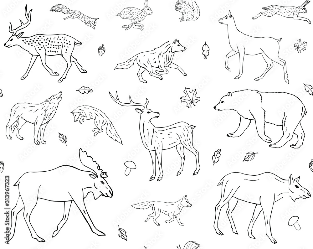 Vector seamless pattern of hand drawn doodle sketch forest animals isolated  on white background Stock Vector | Adobe Stock