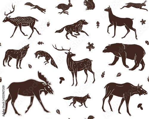 Vector seamless pattern of brown hand drawn doodle sketch forest animals isolated on white background
