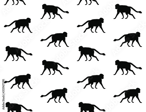 Vector seamless pattern of black monkey silhouette isolated on white background