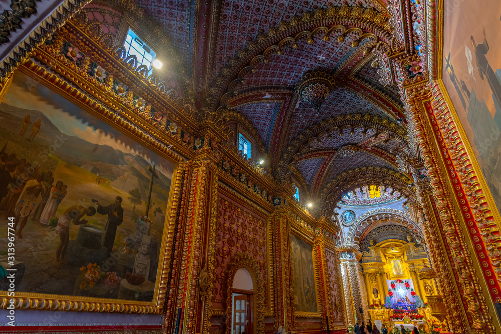  Interior part of the San Diego church in Morelia, Michoacan, Mexico, Baroque style, with details of gold paint and gold foil