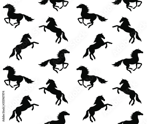 Vector seamless equestrian pattern of black different running horse silhouette isolated on white background
