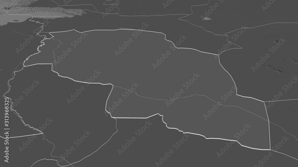 Chari-Baguirmi, region with its capital, zoomed and extruded on the bilevel map of Chad in the conformal Stereographic projection. Animation 3D Chari-Baguirmi, region with its capital, zoomed and extruded on the bilevel map of Chad in the conformal Stereographic projection. Animation 3D