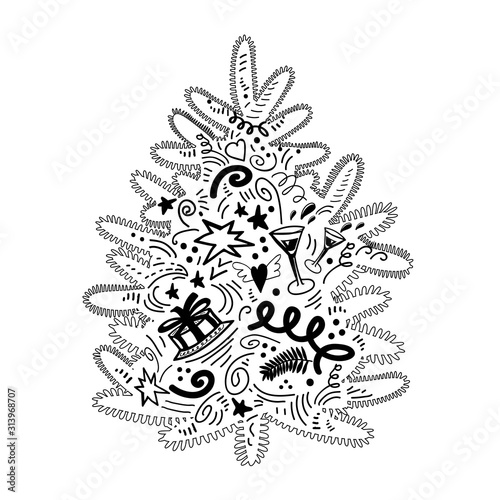  ute Christmas tree. Black contoured silhouette in doodle style isolated on white. Stylized vector element for create New Year design, Greeting card, clip art, gift seamless package.