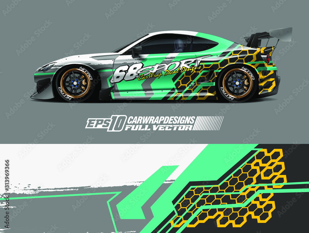 Rally car graphic livery design vector. Graphic abstract stripe racing background designs for wrap cargo van, race car, pickup truck, adventure vehicle. Eps 10