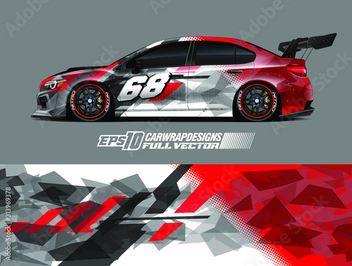 Rally car graphic livery design vector. Graphic abstract stripe racing background designs for wrap cargo van, race car, pickup truck, adventure vehicle. Eps 10