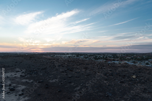 A view of the top of Broken Hill, is Broken Hill is an inland mining city in the far west of outback New South Wales, Australia with sunset sky.